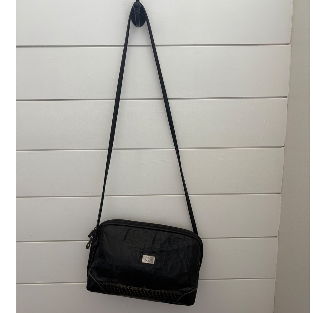MC Black Leather Patchwork‎ Crossbody Bag Braided Trim Vintage Designer